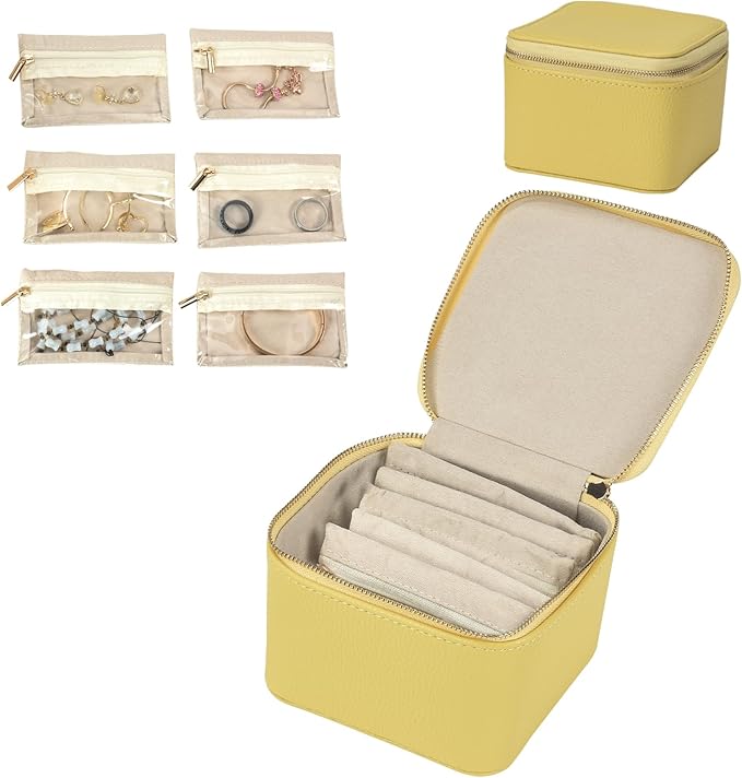 Small Travel Jewelry Box,Travel Jewelry Case with 6pcs Velvet Jewelry Pouches,Portable Jewelry Organizer Travel for Earring Bracelet Ring,Travel Jewelry Case Ideal for Travel & Home Organization