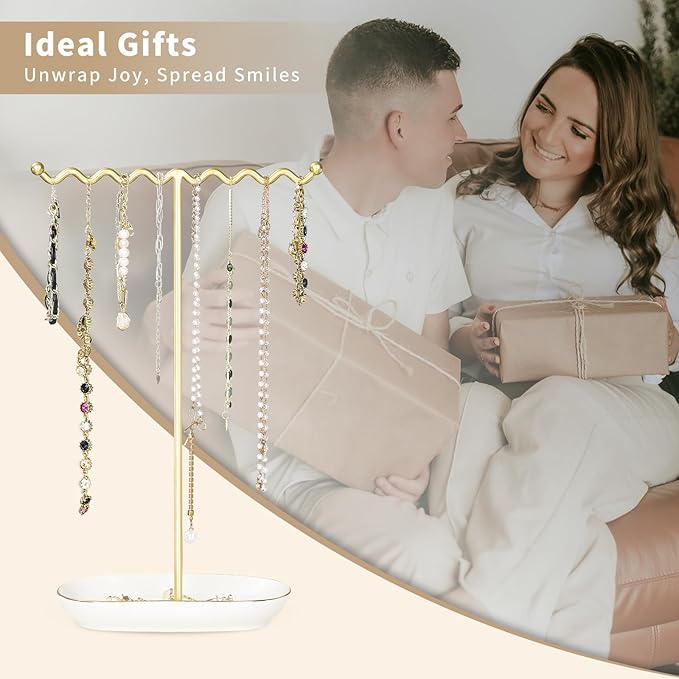 Elegant Jewelry Holder Tree Stand with Ceramic Tray - Metal Necklace Holder Organizer for Rings Bracelets Earrings - Tangle Free, Rustproof Decorative Display for Vanity Dresser Deluxe White