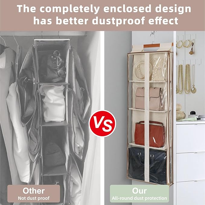 Clear Hanging Handbag Storage Organizer with Zippers, Easy Access Purse,Toy,Yarn,Hat Storage Over The Door Purse Organizer Space Saving 4 Pockets for Closet Bedroom Living Room (Beige)