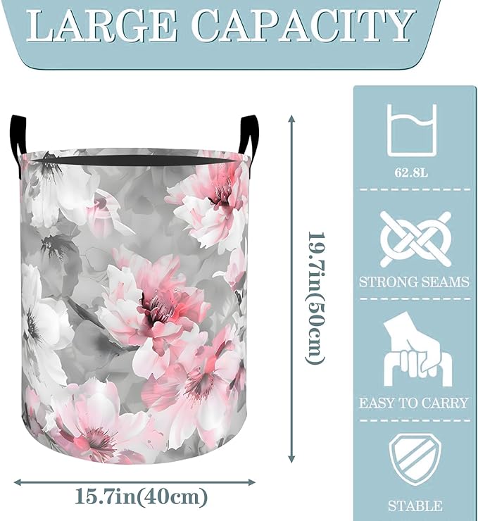 Peony Floral Pink White Flower Laundry Basket, Dirty Collapsible Clothes Toy Organizer Hamper for Kids Adults, Oxford Cloth Waterproof Storage Bin for Bathroom Home Decor Gifts, 19.7"X15.7"