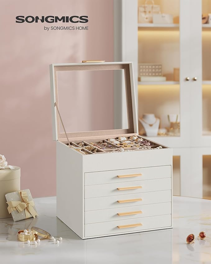SONGMICS Jewelry Box Organizer with Glass Lid, 6-Layer Jewelry Storage, with 5 Drawers, Modern Style, 8 x 9.1 x 9 Inches, Cloud White and Gold Color UJBC176W01