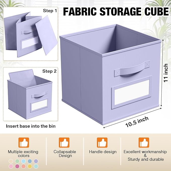 10 Pcs Fabric Storage Cubes with Labels 11 Inch Collapsible Cube Organizer Baskets with Window Cards for Shelf Nursery Clothes Book Toys Storage Bin(Macaroon)