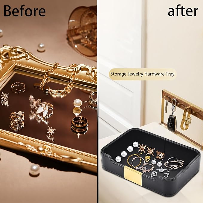 Leather Tray Desktop Storage,Luxury Nightstand Organizer Decorative Tray,for Entryway Table to Hold Jewelry Watch Cosmetics Keys Phone Wallet Home & Office Accessories,Black, 8.5L x 5.7W x 1.8H