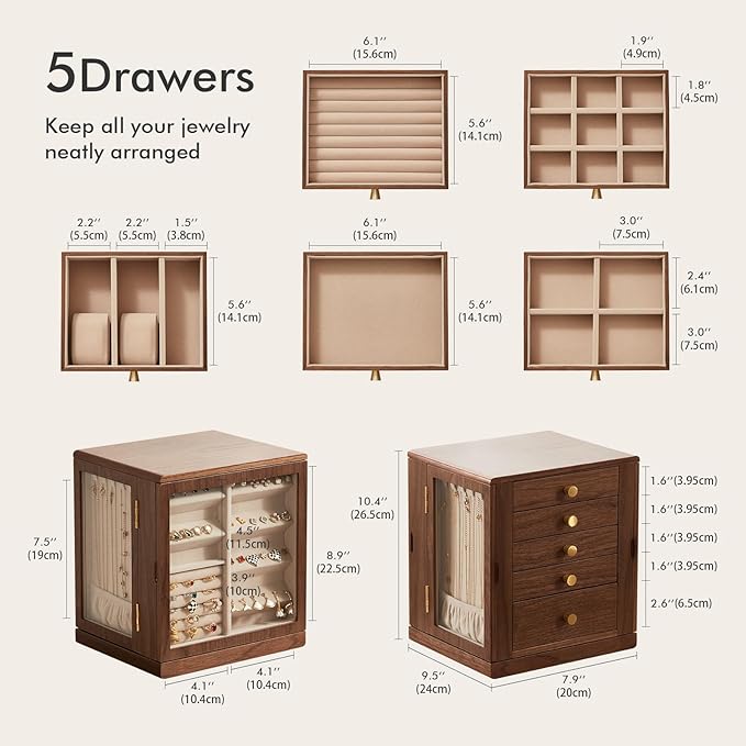 CHOSIN Black Walnut Wooden Jewelry Box, 360° Rotating Organizer with Glass Lid, 5 Drawers for Earrings, Rings, Necklaces – Vertical Jewelry Storage for Women Valentine's Day Gifts