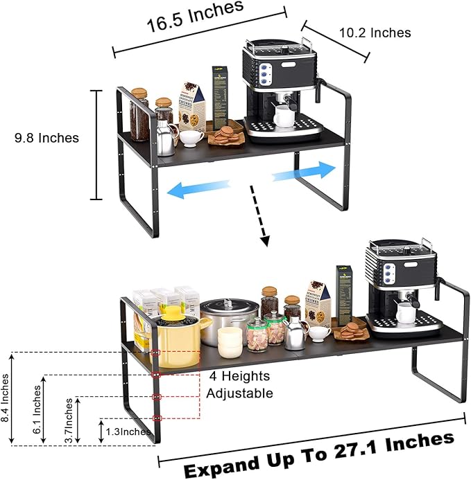 Expandable Kitchen Cabinet Shelf Organizers, Stackable Metal Pantry Storage Shelves Rack, Adjustable Counter Spice Shelf for Cabinets, Countertop, Cupboard Organizers and Storage, Black
