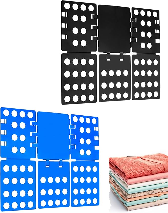 QWORK PP Composite Folding Board, 2 Pack Folding Clothes Board - Black + Blue, One-Hand Operation Laundry Folding Tool, Non-Slip Silicone Buckles, T Shirt Folder, Laundry Folders for All Garments