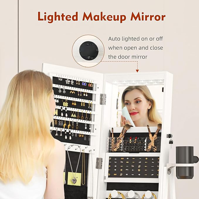 360° Swivel LED Mirror Jewelry Cabinet Standing, Full Length Mirror Jewelry Armoire with Drawer, Standing Jewelry Organizer, Foldable Makeup Shelf, White