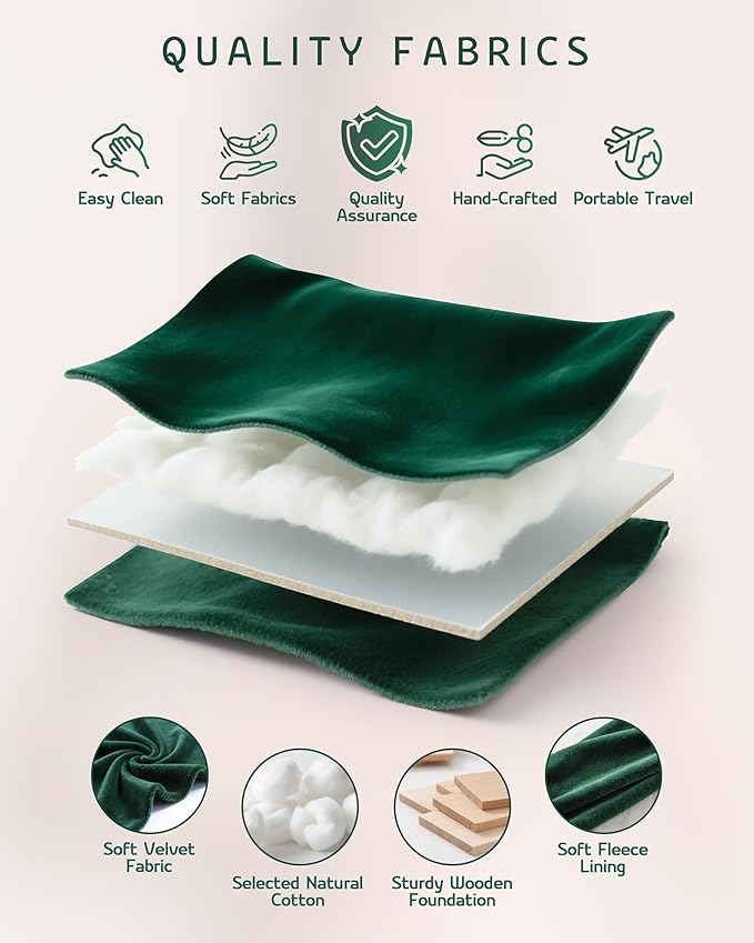 VELORIA Emerald Green Velvet Travel Jewelry Organizer, Necklace Holder Case with 8 Snap Clasps, Elastic Pouch, Ring & Earring Storage, Compact Jewelry Case for Bracelets and Bangles