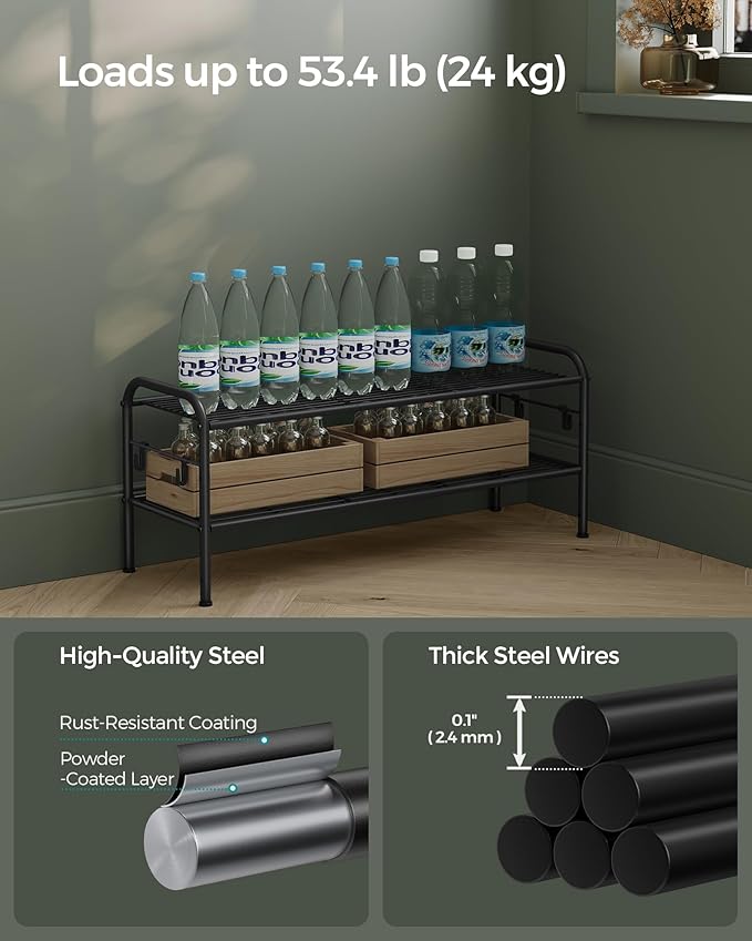 SONGMICS Shoe Rack, 2-Tier Shoe Organizer, Metal Shoe Shelf Storage with 4 Side Hooks, Holds 10 Pairs of Shoes, Height-Adjustable Shoe Rack for Entryway, Hallway, Closet, Ink Black ULMR128B01