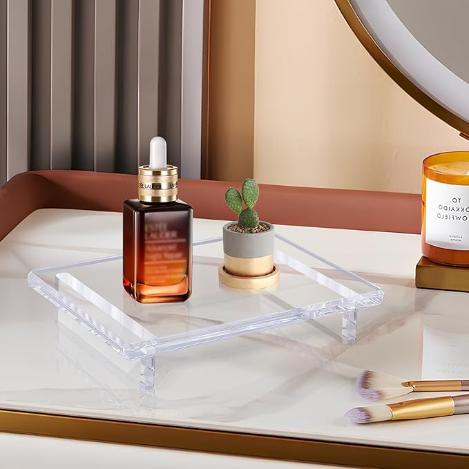 Acrylic Bathroom Counter Tray : 2-Pack Clear Acrylic Sink&Countertop Pedestal Tray Set – Multi-Purpose Waterproof Counter Organizer, Soap Holder & Plant Display Base (Large 9 x 5.9 x 1.5 inches)