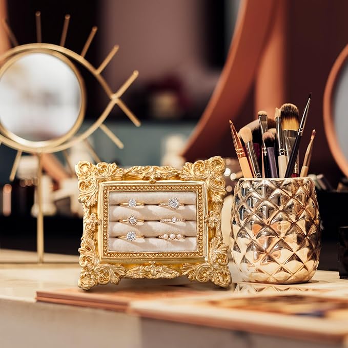 Vintage Ring Holder Wide Gold Ring Wedding Display Suede Jewelry Box Stand Frame Earring Tray Anniversary Engagement Baroque Organizer Photograph Prop for Women Birthday Gifts