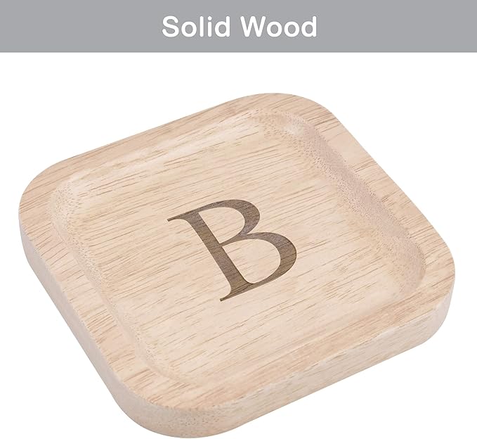 I'm Wooden Personalized Letter Catchall Valet Tray Trinket Dish Jewelry Tray Key Bowl Decorative Plate Organizing Ring Earrings Necklaces Bracelet Watch Coins Wallet Holder (6"x6" Sq Natural B)