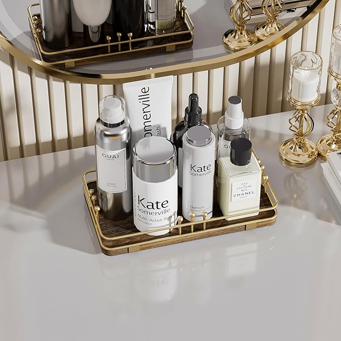 Bathroom Vanity Tray for Toiletries Makeup Perfume Candle Toilet Tank, Kitchen Tray for Soap Dispenser Spice Salt, Small Tray for Countertop Decor Coffee Nightstand 7.9”x4.4” Brown-Gold