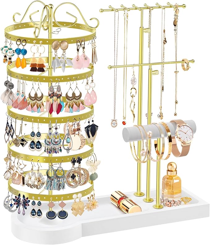 Jewelry Earring Holder Organizer, Adjustable 5 Tiers Rotating Earring Holder 3 Tier Necklace Holder with Wooden Base, Multi-Functional Jewelry Organizer Display Stand for Studs Bracelet Women(Gold)