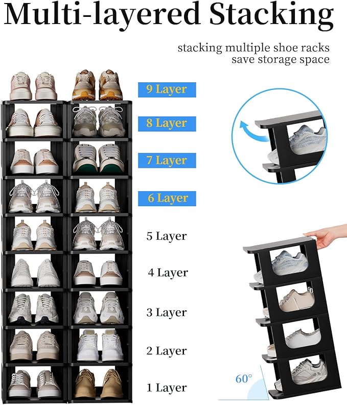 HAIXIN Shoe Organizer Rack for Small Spaces 5 Tier Plastic Vertical Narrow Shelves for Closet Black Shoe Holder, Stand for Entryway Storage Boots Organizer Stackable Cabinet