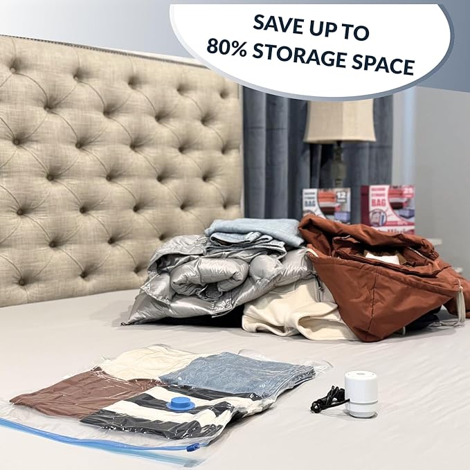 12 Pack Vacuum Storage Bags with Electric Pump, Compression Space Saver for Comforters, Bedding, Blanket Storage, Vacuum Seal Bags for Clothing, Luggage and Closet Organizer,