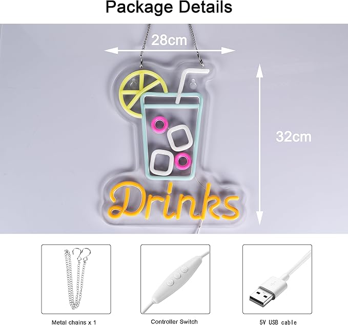 Drinks Neon Sign for Wall Decor Cool Drink Cup LED Light up Sign Cold Drinks Cocktail 3D Art Wall Lights for Home Bar Club Party Restaurant Cafes, USB Powered 12.6" x 11"