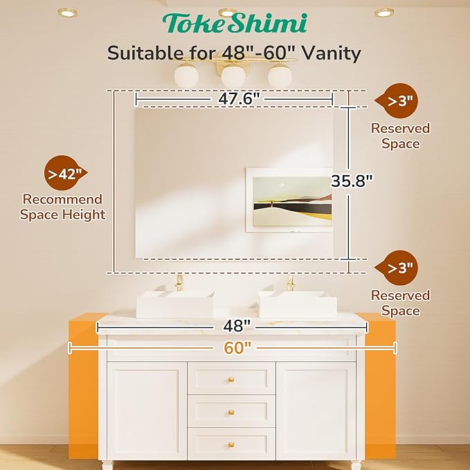 TokeShimi 48x36 Frameless Bathroom Vanity Mirrors for Over Sink, Modern Rectangle Bathroom Mirrors for Wall with Polished Edge Shatterproof Decorative Mirror for Bedroom, Living Room, Entryway