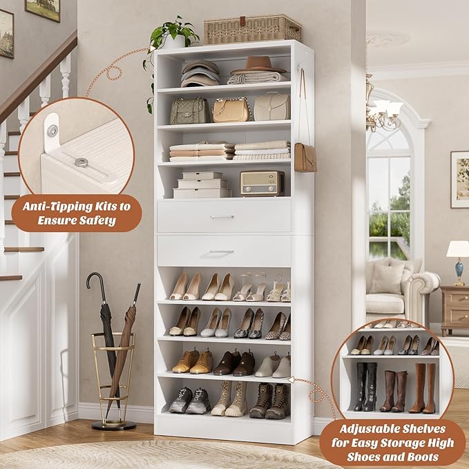 Aheaplus Tall Shoe Cabinet, 10 Tiers Wood Shoe Rack, Vertical Shoe Storage Organizer with 2 Drawers, Narrow Shoe Shelf Tower for 24-28 Pairs, Space Saving, for Closet, Entryway, Bedroom, White
