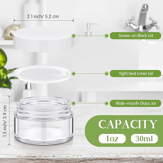 Domensi 60 Pcs 1oz Glass Jars with Lids Bulk Salve Tins Winter Cream Container Small Glass Candle Cosmetic Jars for Travel Lip Balm with Inner Liners for Lotion Sample Cream(Clear, White Lid)