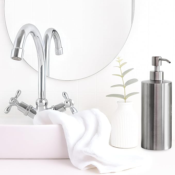 Silver Soap Dispenser for Kitchen & Bathroom – 15 oz Refillable Resin Pump Bottle for Dish Soap, Hand Soap, Shampoo, Conditioner – Modern Countertop Dispenser with Non-Slip Protective Pads