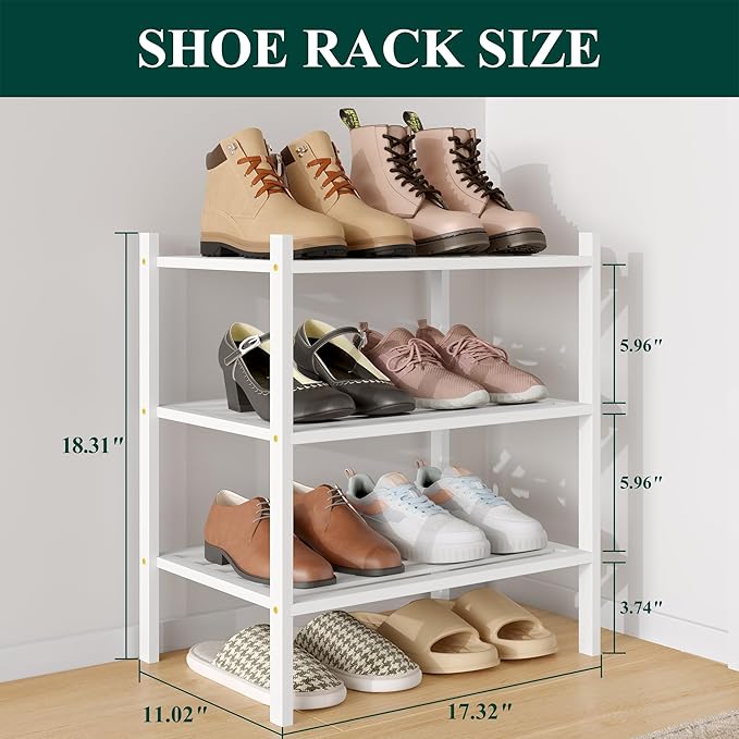 Smiry Small Bamboo Shoe Rack 3-Tier, Stackable Wooden Shoe Organizer for Entryway & Closet, Free Standing Wood Shoe Storage Shelf for Front Door & Small Spaces, White