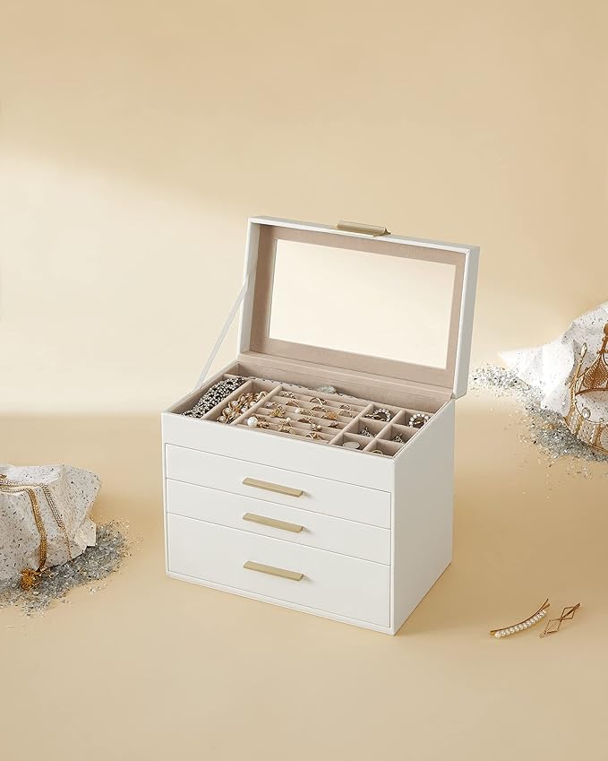 SONGMICS Jewelry Box Organizer with Glass Lid, 4-Layer Jewelry Storage, with 3 Drawers, Modern Style, 6 x 9.9 x 8.5 Inches, Cloud White and Gold Color UJBC161W01