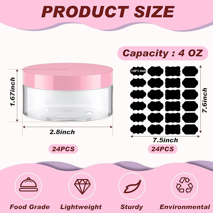 Dandat 24 Pcs 4 oz Plastic Jar Container with Lid and Label Refillable Empty Round Clear with Pink Pet Cosmetic Sample Slime Containers for Lotion, Cream, Ointments, Body Butter, Makeup Travel Storage
