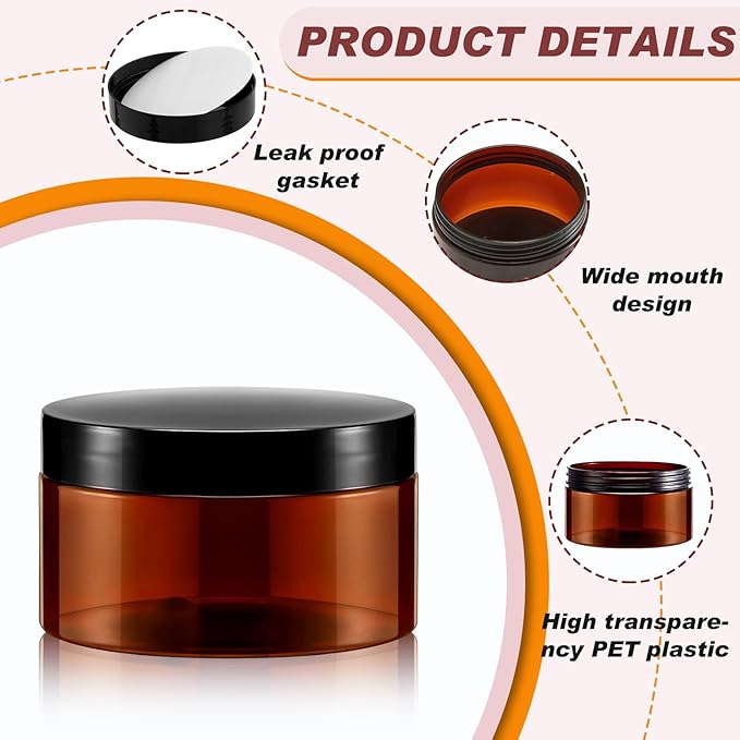 Dandat 24 Pcs 8 oz Plastic Jar Container with Lid and Label Refillable Empty Round Amber PET Cosmetic Sample Slime Containers for Lotion, Cream, Ointments, Body Butter, Makeup, Travel Storage