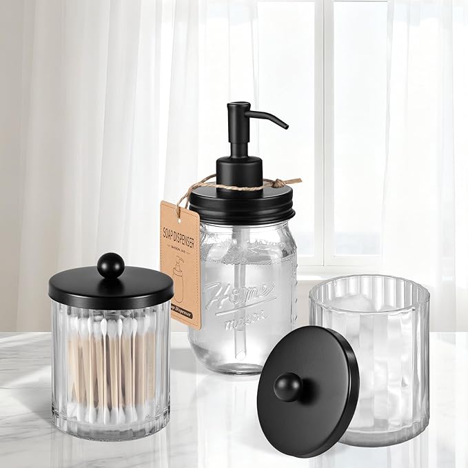 Amolliar Qtip Holder Dispenser for Cotton Swabs, Cotton Balls, Pads, Floss Picks, Clear Glass Canister Apothecary Jar, Bathroom Essential Accessories Decor, Bathroom Storage Organizer (Black, 4 Pack)