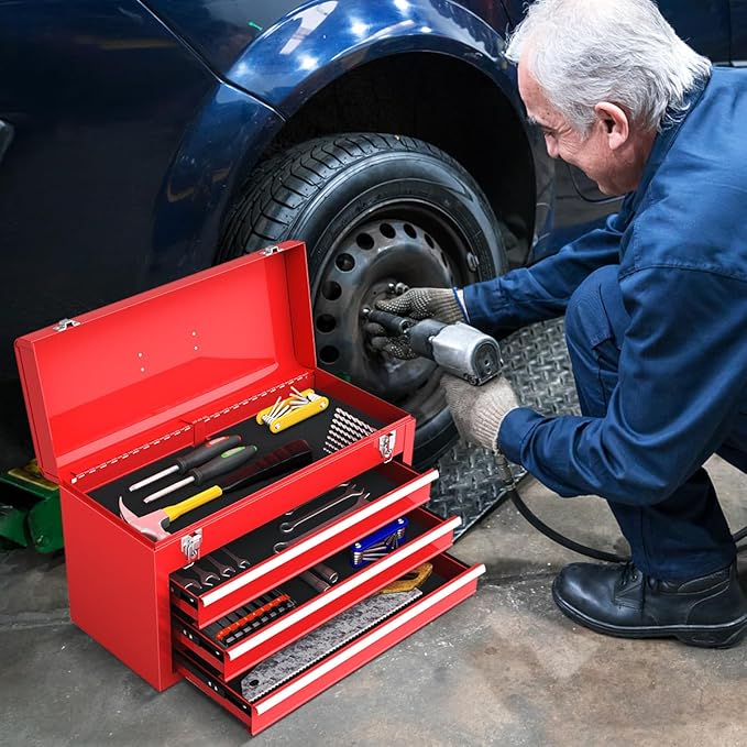 Portable Tool Box, 3-Drawer Tool Chest with Carry Handle, 2 Metal Latches & Liner, Metal Tool Box Storage Box Organizer for Garage, Warehouse & Repair Shop (Red)