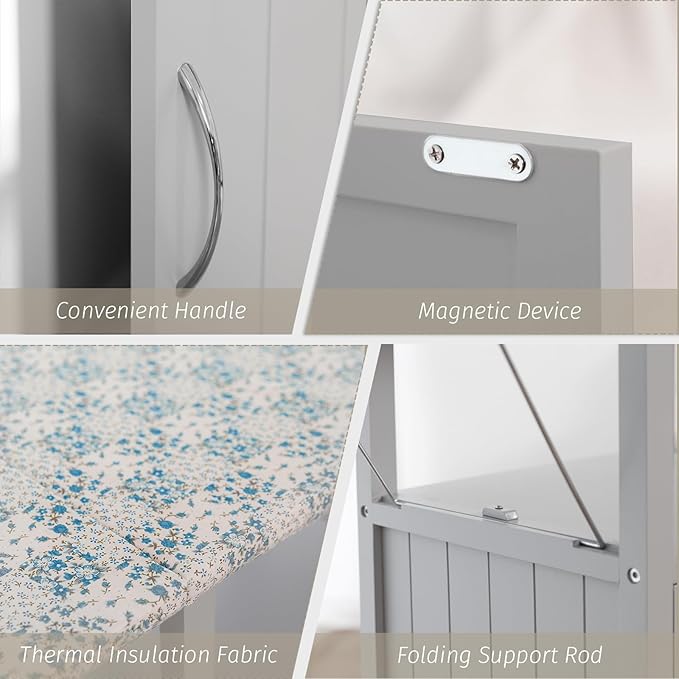 Ironing Board with Storage Cabinet, Folding Ironing Board with Extra Storage, Solid Wood Fold Down Ironing Station with Heat-Resistant Sponge for Small Spaces, Laundry Room (Brown Grey)