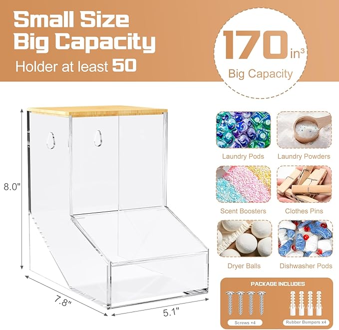 JYPS Laundry Pods Container, Acrylic Dishwasher Pods Holder w/ 2 Lids, Dispenser For Powder, Dryer Balls, Beads, Soap Organizer For Room Desktop / Wall Mount, Snack Candy Organization Storage