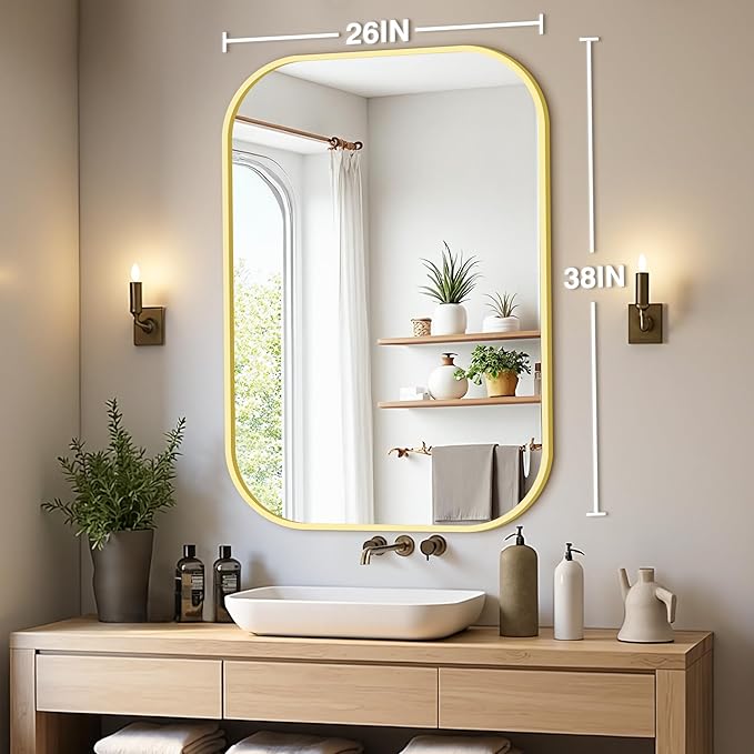 Bathroom Mirror for Wall, Gold Bathroom Vanity Mirror for Over Sink 26 x 38, HD Reflection Shatterproof Mirror for Living Room Bedroom Entryway, Metal Frame Rectangular Shape