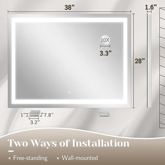 FENNIO Large Vanity Mirror with Lights，38" x 28" LED Makeup Mirror，Hollywood Mirror with 3 Color Modes & Adjustable Brightness，Vanity Mirror Square White