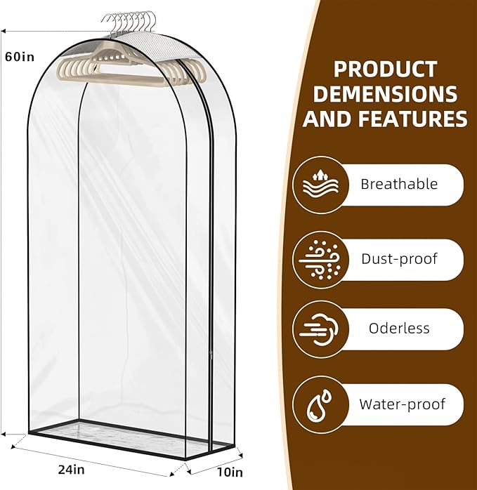 Upgraded Thickened Clear Garment Bags for Hanging Clothes 4 Packs, 10“ Gusseted Clothes Hanging Storage Bags for Closet, Shirts, Coats, Dresses (60 inch)