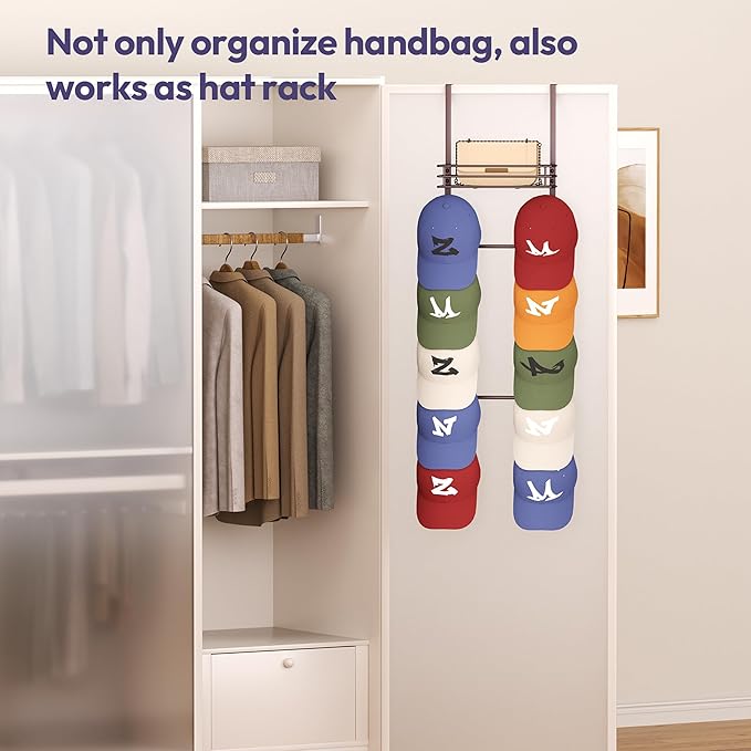 SWTYMIKI Over The Door Purse Organizer - Wall Mounted Handbag Organizer with 10 Hooks and Metal Basket, Hanging Purse Storage Rack Holds up to 10 Bags, Bag Rack Can Use As 1/2 Part, for Door, Closet