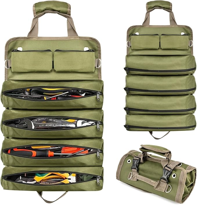 Roll-Up Tool Bag Heavy-Duty Waterproof - 4 Compartments & 2 Detachable Pouches | Compact Tool Organizer for Mechanics, RV & Motorcycle Storage, Handyman & Electricians (Green, Large)