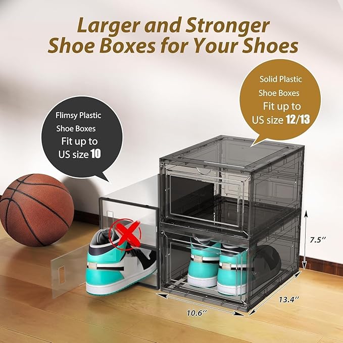 10 Pack Extra XX Large Hard Plastic Clear Stackable Shoe Storage Box Organizer for Closet, Thicken Sturdy Sneaker Shoe Rack Display Case Containers Bins with Lids and Magnetic Door, Grey