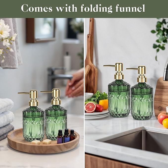 6 Pack Glass Soap Dispenser with Pump 15.2 oz Refillable Liquid Hand Soap Dish Soap Dispensers Vintage Soap Dispenser Liquid Bottle for Kitchen Sink Bathroom Counter(Green,Gold Pump Head)
