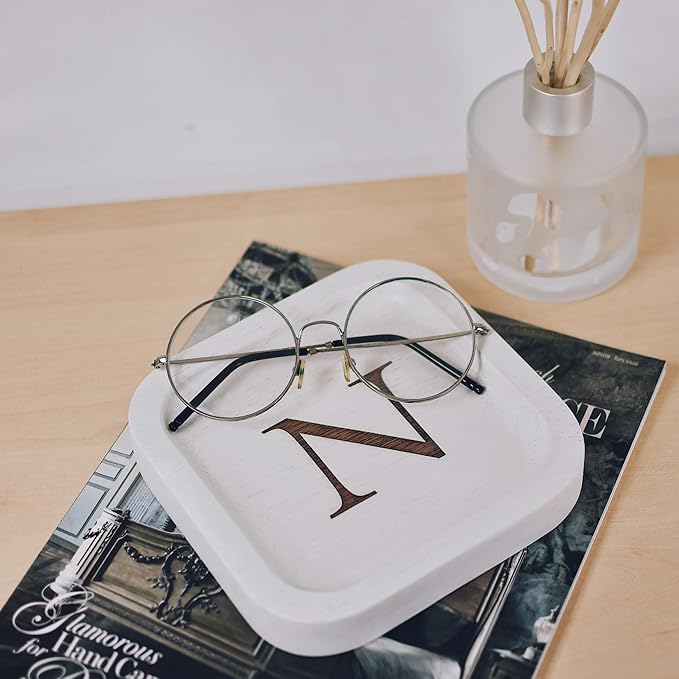 I'm Wooden Personalized Letter Catchall Valet Tray Trinket Dish Jewelry Tray Key Bowl Decorative Plate Organizing Ring Earrings Necklaces Bracelet Watch Coins Wallet Holder (6"x6" Sq White N)