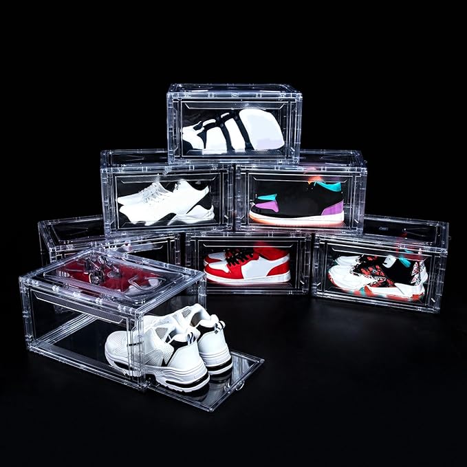 Upgraded 12 Pack Shoe Box,Acrylic Clear Shoe Boxes,Drop Front Shoe Storage Box,Clear Plastic Stackable Sneaker Box,Shoe Containers,Shoe Display Case,Sneaker Storage,Fits Up to Size 15