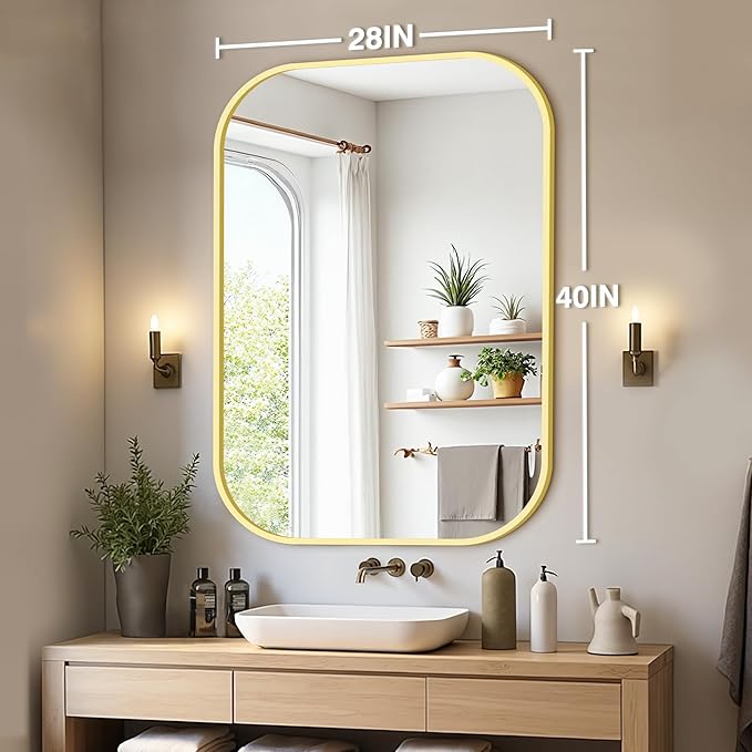 Bathroom Mirror for Wall, Gold Bathroom Vanity Mirror for Over Sink 28 x 40, HD Reflection Shatterproof Mirror for Living Room Bedroom Entryway, Metal Frame Rectangular Shape