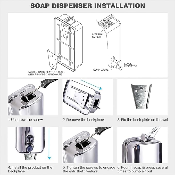 Commercial Soap Dispenser Stainless Steel Wall Mount for Bathroom and Kitchen with Premium Anti-Leak Pump and Corrosion-Proof Lining, 800ML 8182