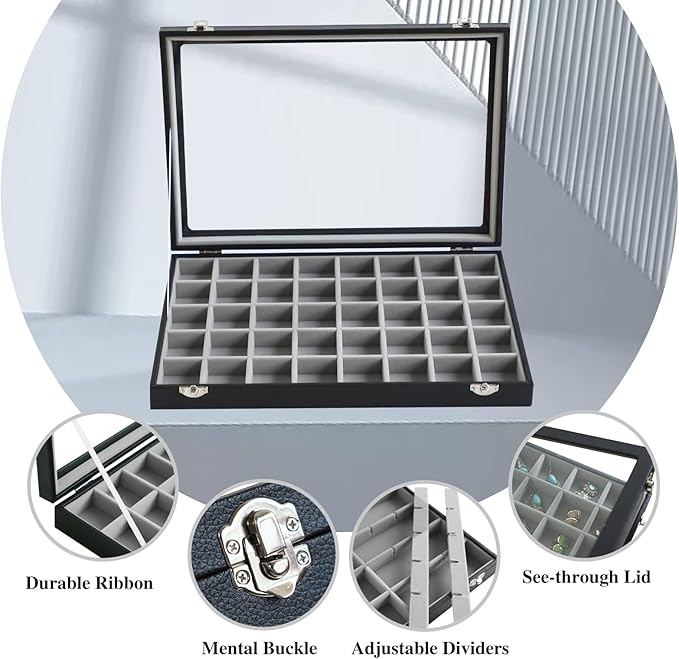 Stratalife Jewelry Organizer 40 Grid Gray Black Jewelry Tray with Clear Dust-proof Lid Velvet Earring Organizer Necklace Rings Holder Display Drawer Storage Case for Women