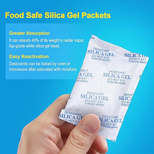 Silica Gel Packets – 50 Gram 50 Packs Moisture Absorbers, Desiccant Packs for Storage, Food Safe Desiccant for Foods, Seeds, 3D Filaments, Electronics, Safes