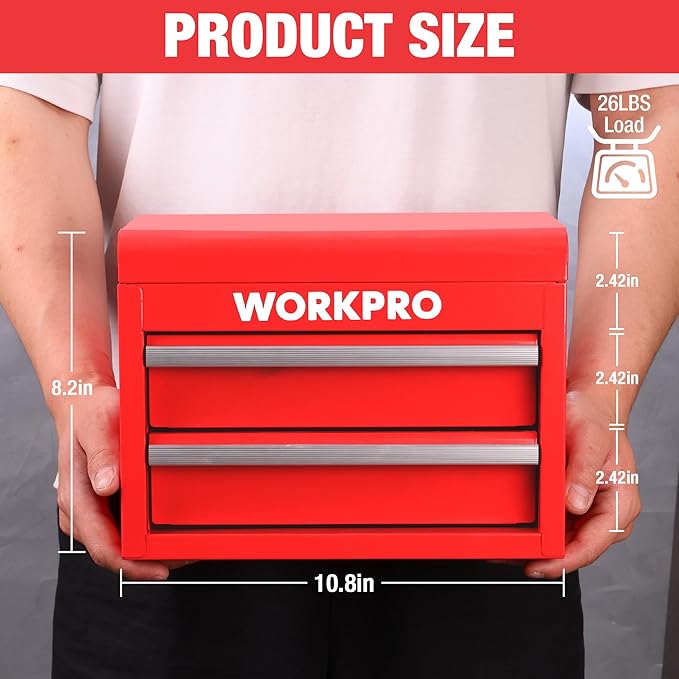 WORKPRO Metal Mini Tool Box, Top Tool Chest containing Two Drawers with Ball Bearing Slides, PVC Drawer Liners and PP Feet Pads, Durable Cold Rolled Steel Small Toolbox for Multi-Purpose Storage