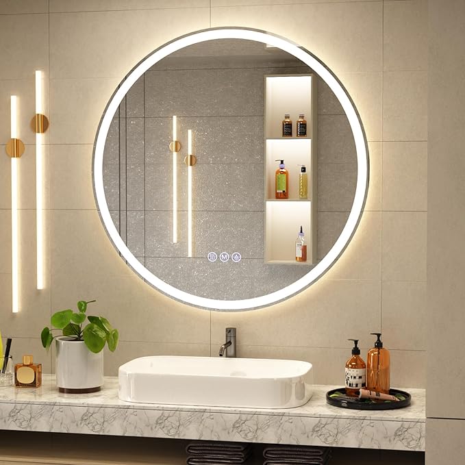 BEAUTYPEAK 28x28 LED Round Bathroom Mirror with Lights, Anti-Fog, Dimmable, Backlit + Front Lit, Lighted Bathroom Vanity Mirror for Wall, 3 Colors, Memory Function, Tempered Glass, Shatter-Proof