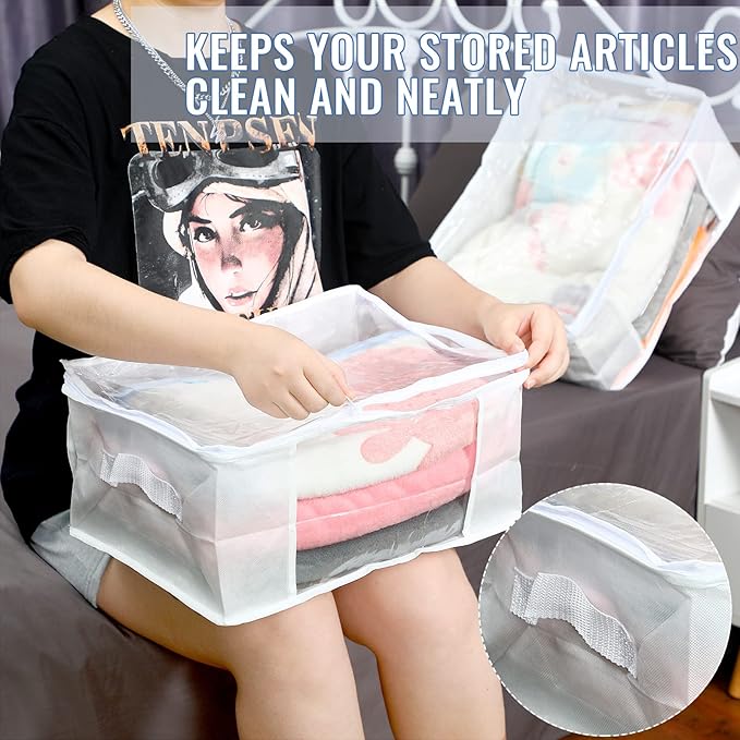 Sadnyy 6 Pcs Clear Storage Bags Zippered Plastic Clothes Containers Case Fabric Blanket Organizer Large Sweater Storage Bins with Handles for Cloth Bedding Sheets Closet Toys(16 x 12 x 8 Inch,White)
