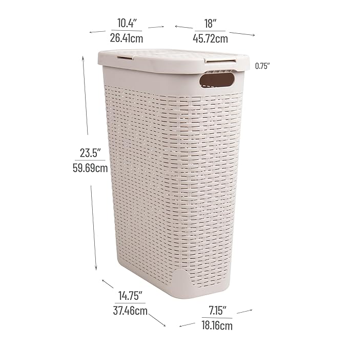 Mind Reader 40L Slim Laundry Hamper, Clothes Basket, Lid, Premium Wicker Design, Plastic, Set of 3, Ivory